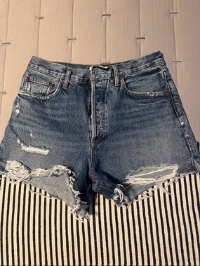 Agolde Distressed Ripped High-Rise Denim Shorts - size 28
